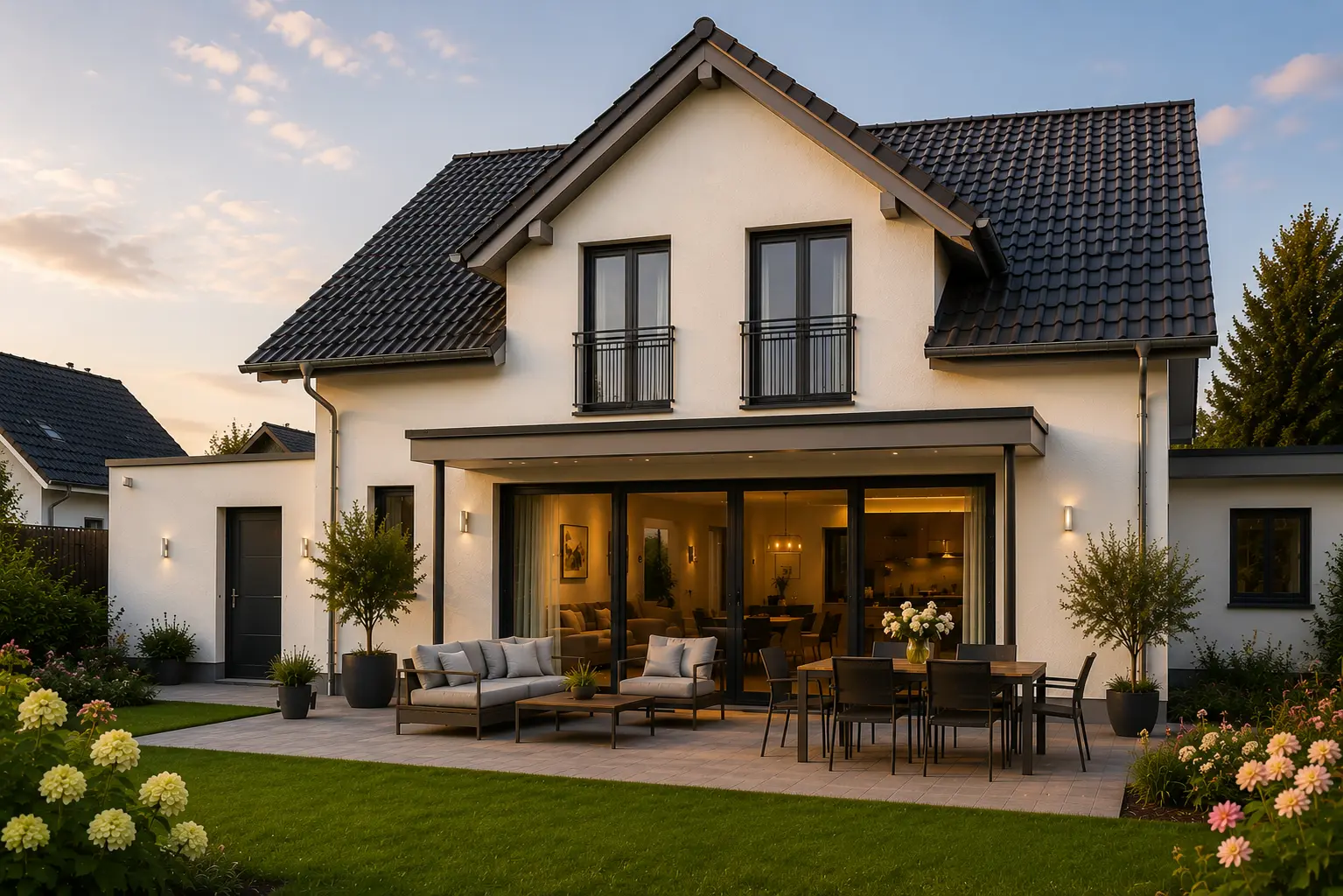 Einfamilienhaus mit beleuchteter Terrasse und Garten in der Abenddämmerung